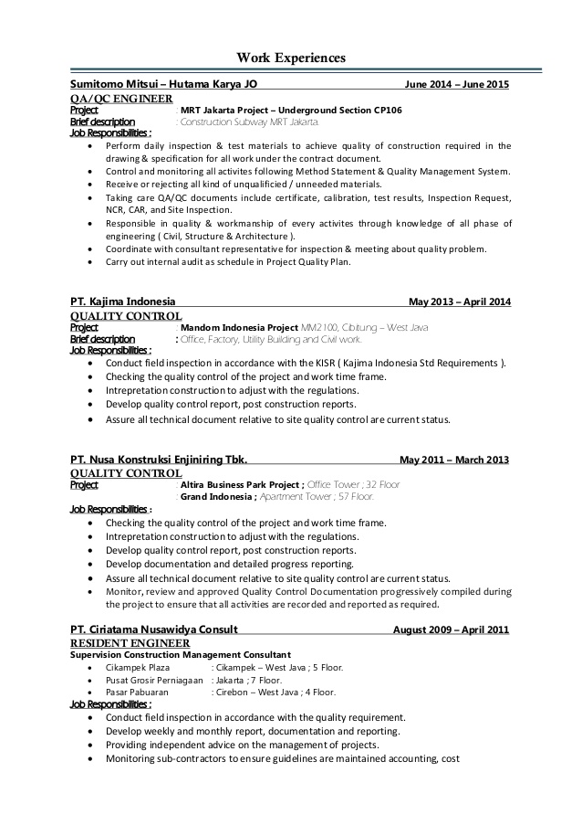 Resume Format Quality Control Engineer  