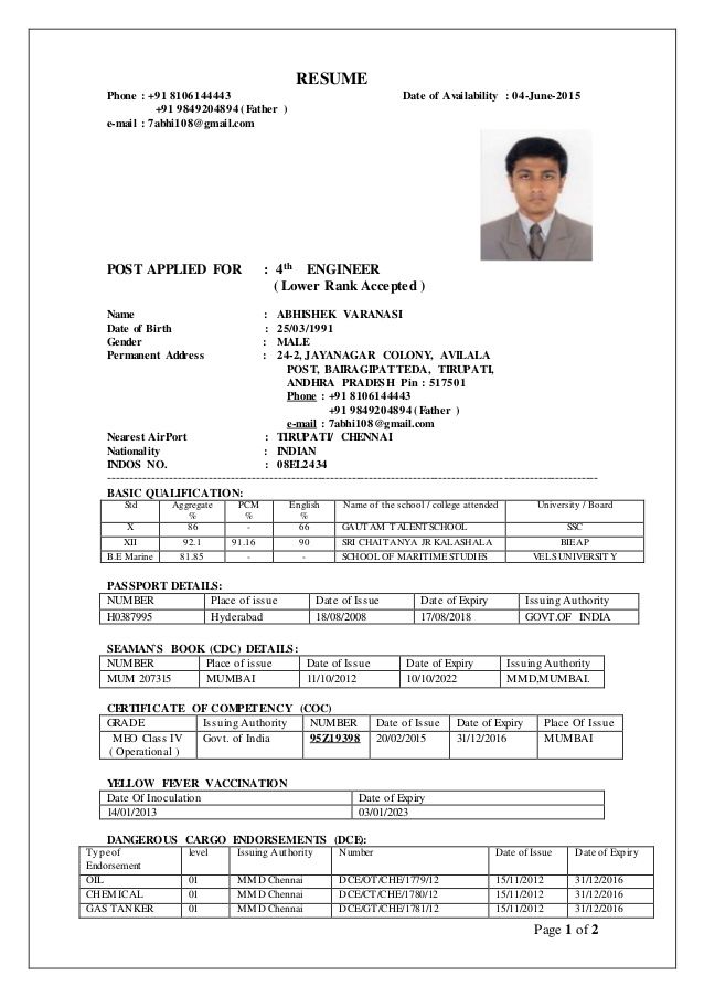 Resume Format For 4Th Engineer  