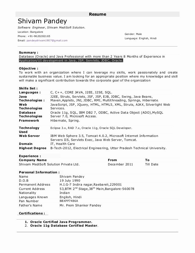 Resume Format For 5 Years Experience In Java  