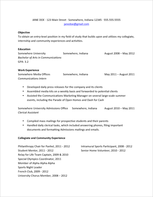 Resume Format Recent College Graduate  