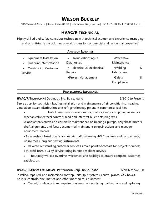 A C Technician Resume Format  