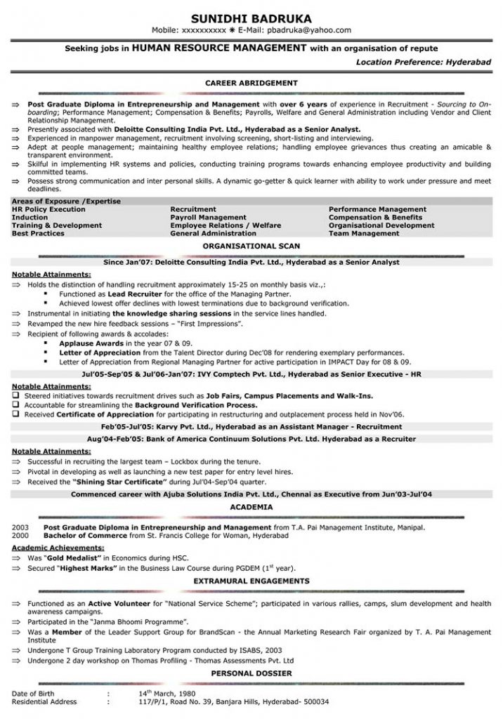 Resume Format For 4 Years Experience In Hr  