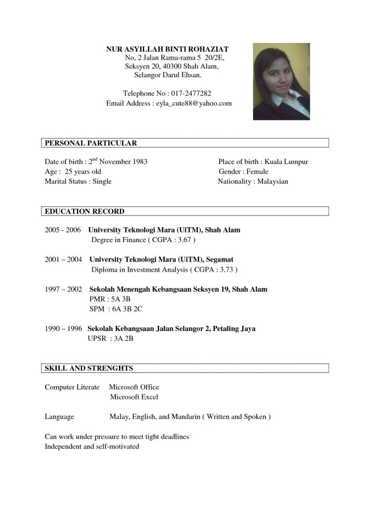 Example Of Resume Format For Job  