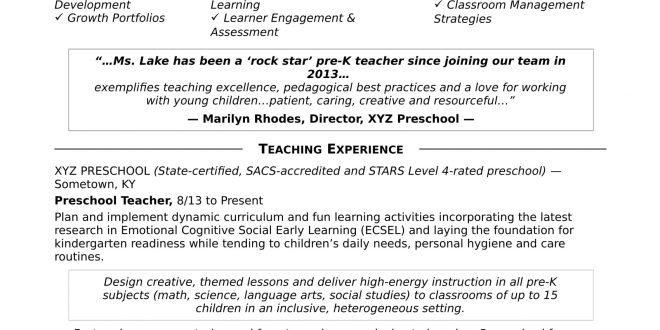 Resume Format Kindergarten Teacher  