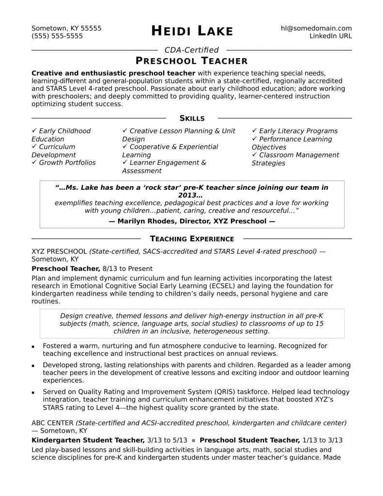 Resume Format Kindergarten Teacher  