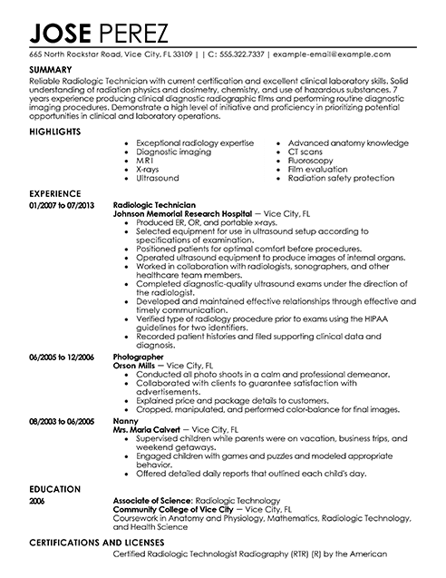 X Ray Technician Resume Format  