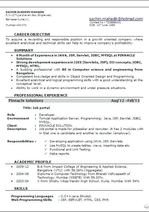 Resume Format For 6 Months Experienced Software Engineer  