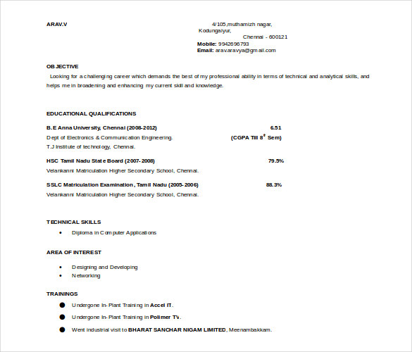 Resume Format For 3Rd Year Engineering Students  