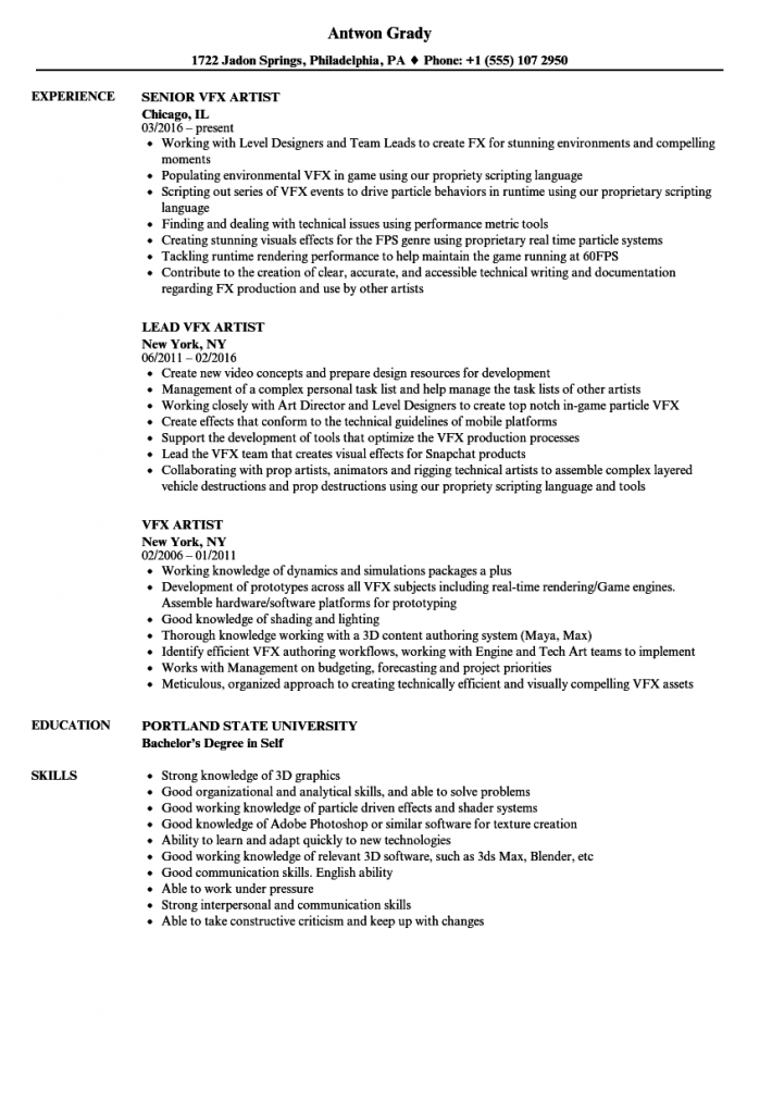 Resume Format Vfx Artist  