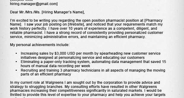 Cover Letter Template Pharmacist  