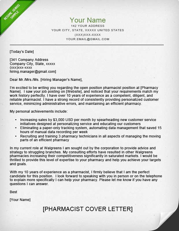 Cover Letter Template Pharmacist  