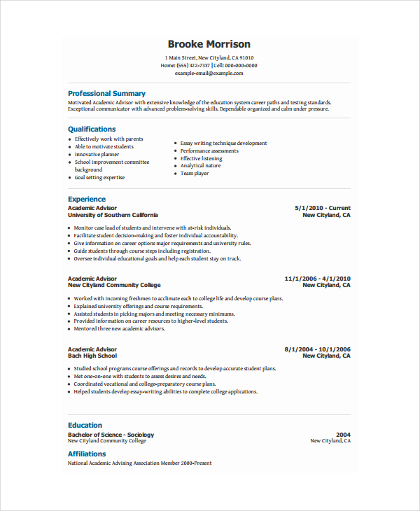 Resume Format Academic  