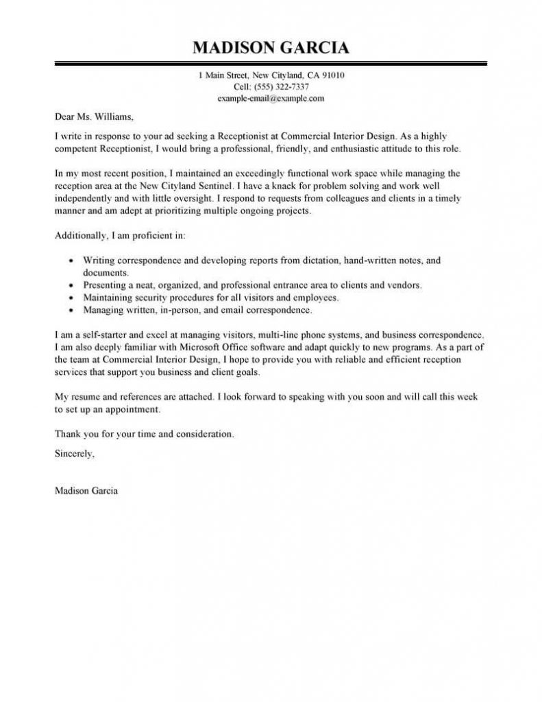 Cover Letter Template Receptionist  