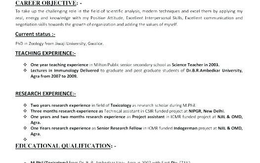 Resume Format For Bsc Zoology  