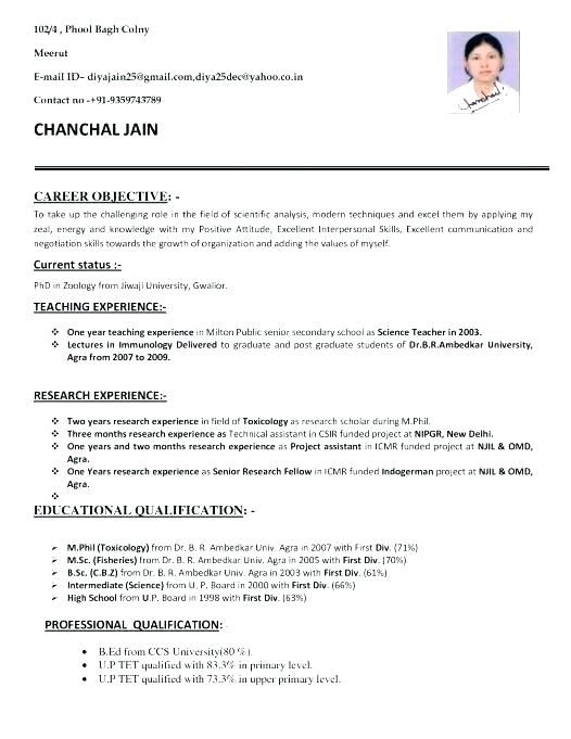 Resume Format For Bsc Zoology  