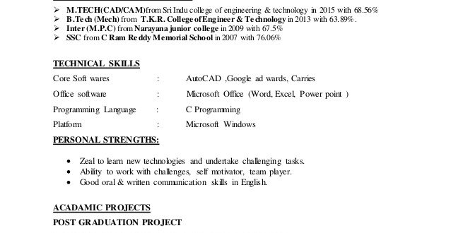 M Tech Fresher Resume Format  