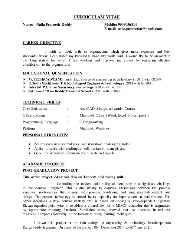 M Tech Fresher Resume Format  