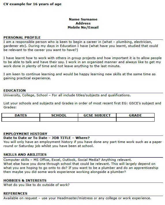 Cv Template 16 Year Old  