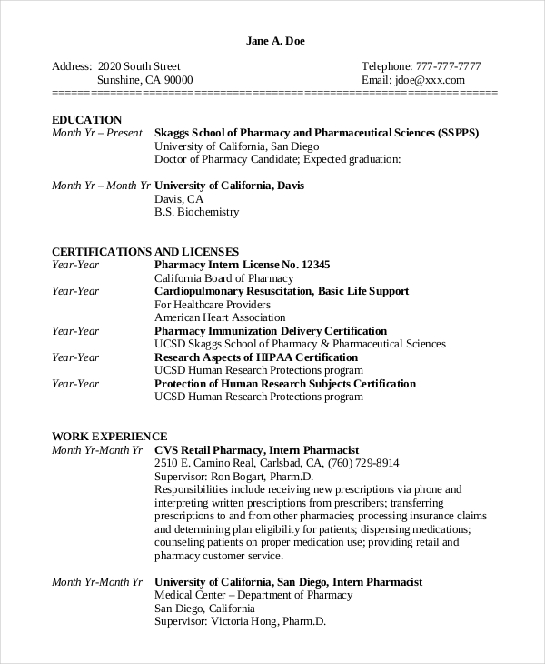 D Pharma Resume Format  