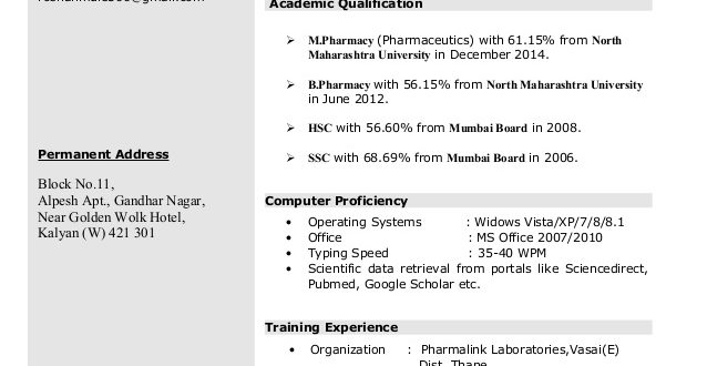 M Pharm Resume Format  