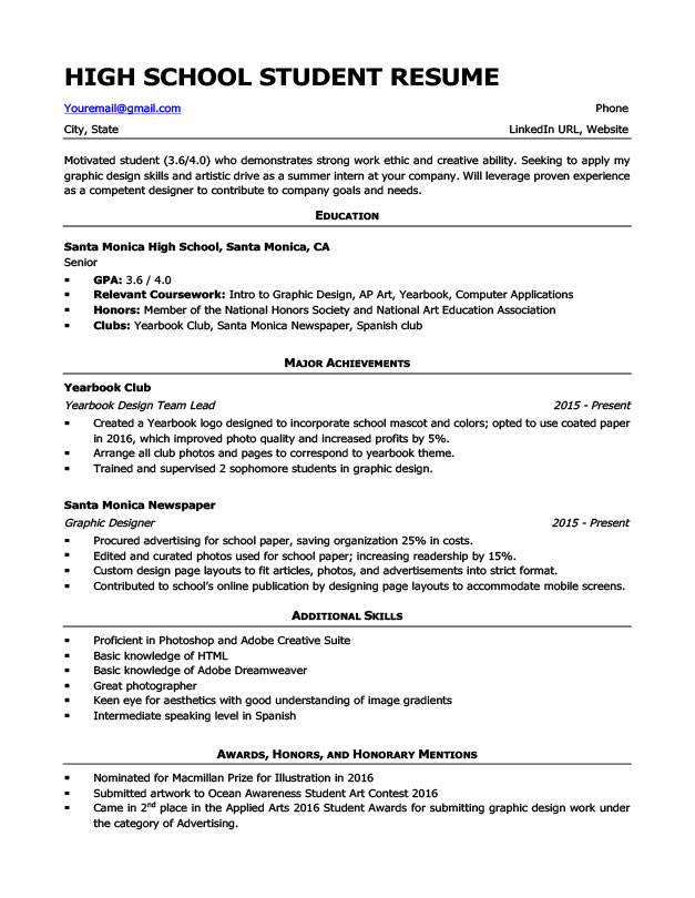 Resume Format High School  