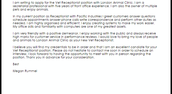Cover Letter Template Veterinary Receptionist  