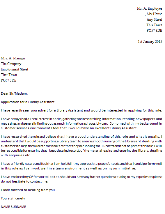 Cover Letter Template Library Assistant  