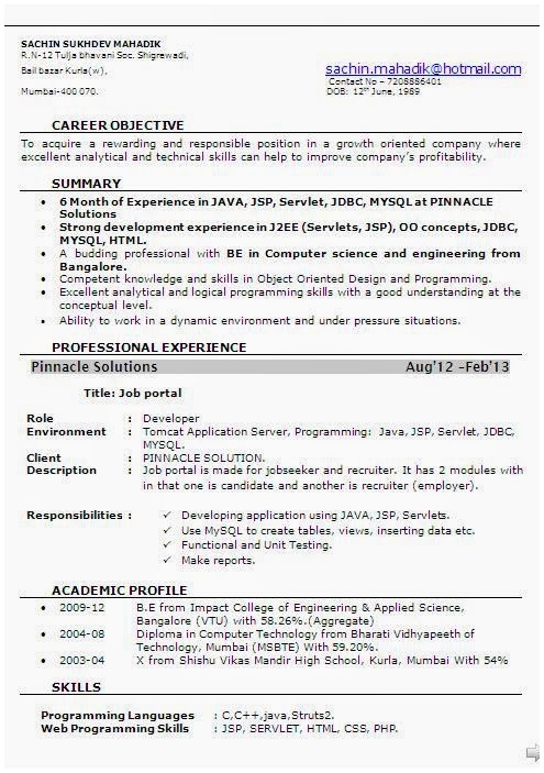 Resume Format For 8 Months Experience  