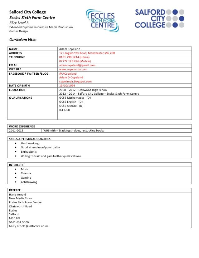 Cv Template For 6Th Formers  