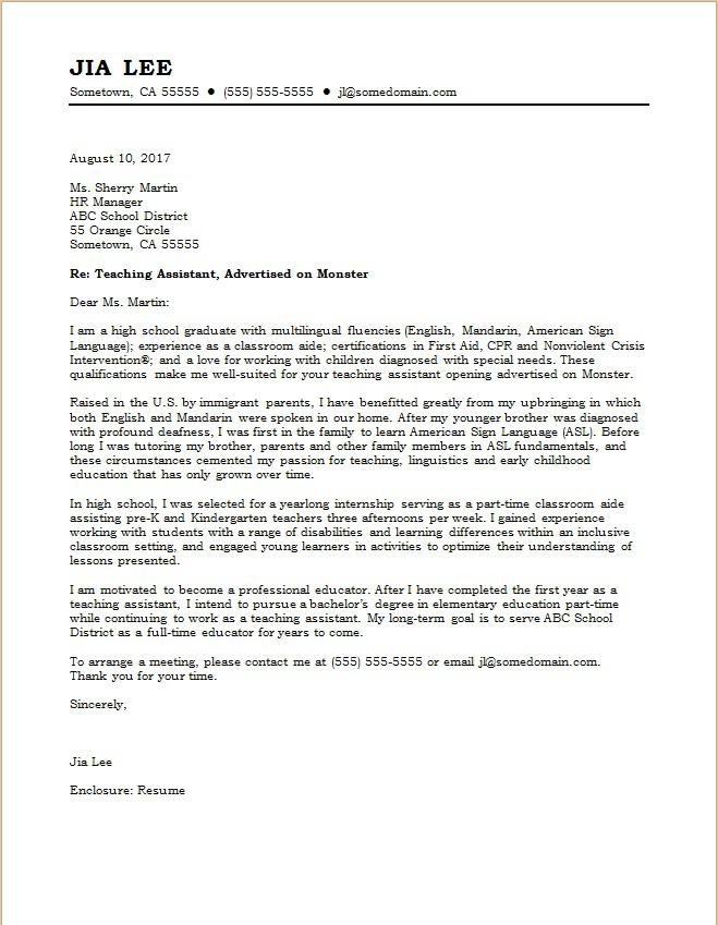 Cover Letter Template Teacher Assistant  