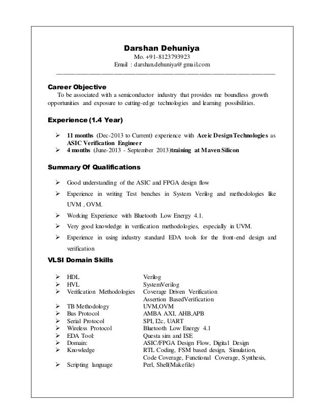 Resume Format Vlsi Design Engineer  