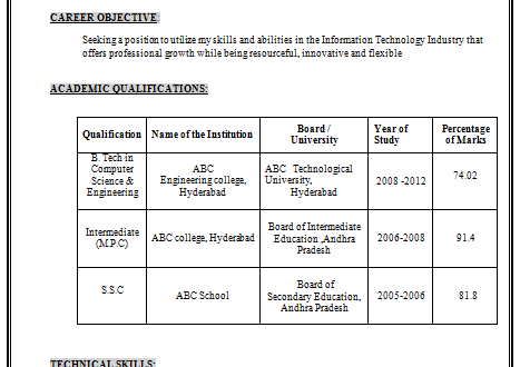 B Tech Resume Format For Fresher  