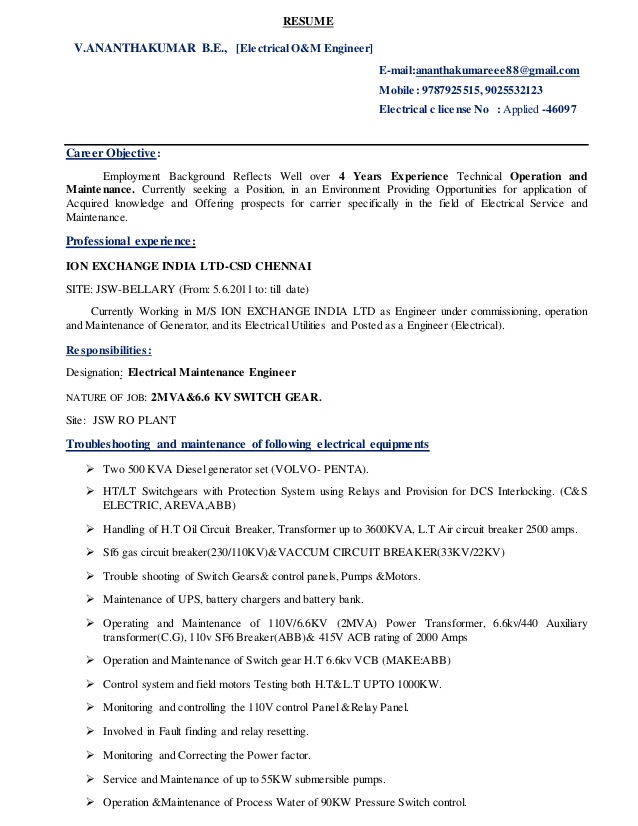 Electrical C License Resume Format  