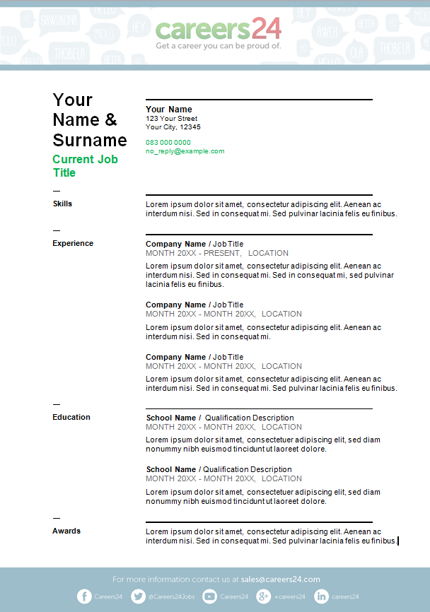 1 Page Cv Template South Africa  