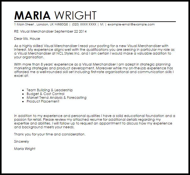 Cover Letter Template Visual Merchandiser  